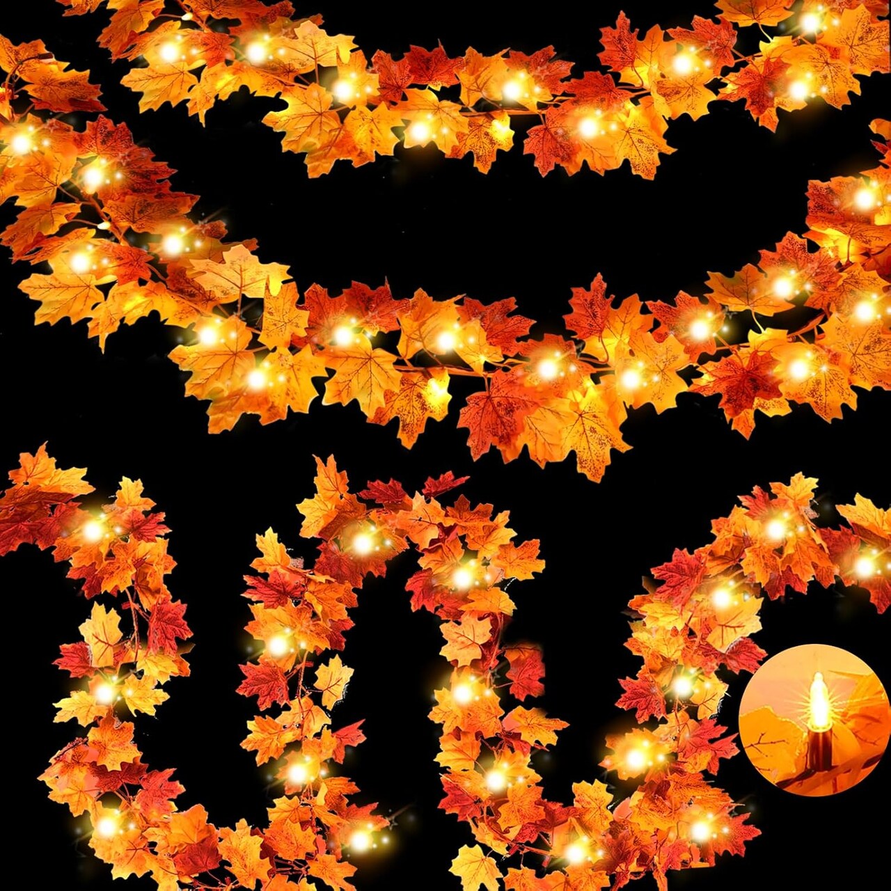 10Ft 50 LED Fall Garland with Lights - Battery Operated (Orange)